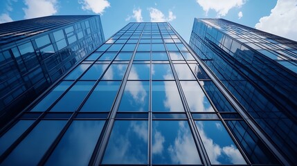 Modern skyscrapers reflecting the blue sky and clouds in a vibrant city setting : Generative AI