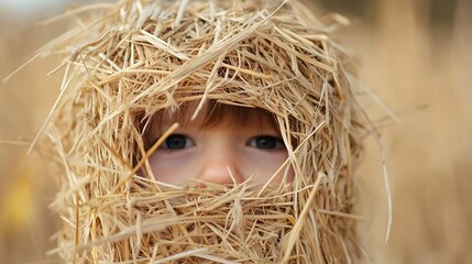 Child&rsquo;s Face Covered in Straw Creating a Playful and Whimsical Look in the Fields : Generative AI