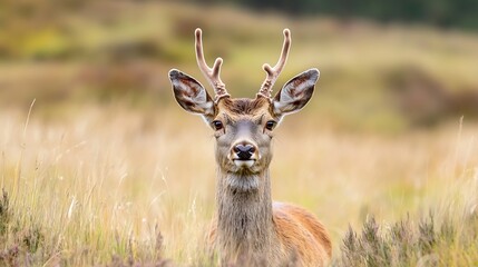 Close-Up Portrait of a Majestic Male Deer in a Meadow Surrounded by Soft Grass and Nature : Generative AI