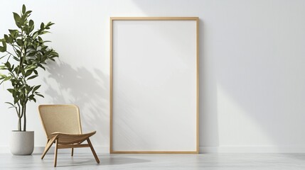 Simple Minimalist Wooden Frame Against Bright Wall with Plant
