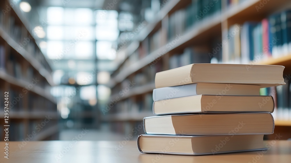 Poster Stack of books placed on a table inside a bright library : Generative AI