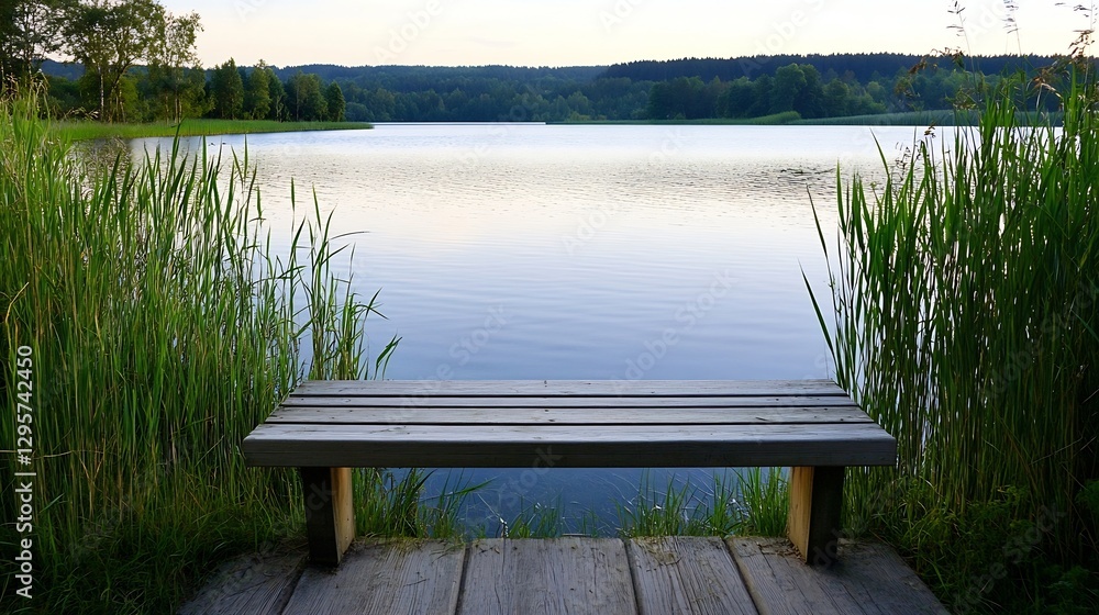 Poster serene lake view with wooden bench surrounded by lush greenery and calm waters : generative ai