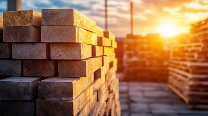 Sunset illuminating stacks of wooden pallets in an industrial setting showcasing hard work : Generative AI