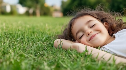 Joyful Child Smiling While Lying on Green Grass in Nature During a Warm Summer Day : Generative AI