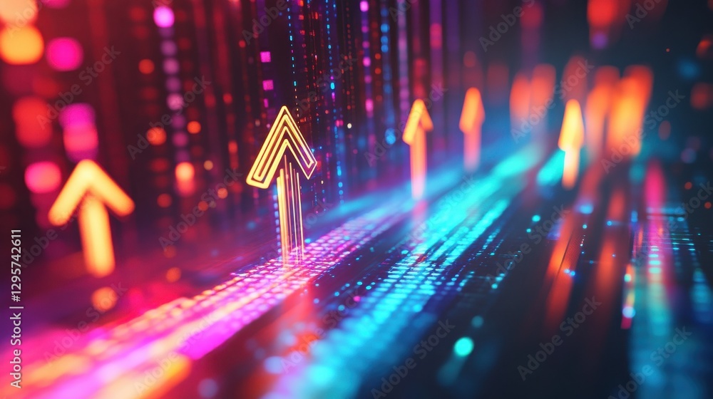 Poster sleek holographic upward arrows against a vibrant background symbolizing a dynamic business growth t