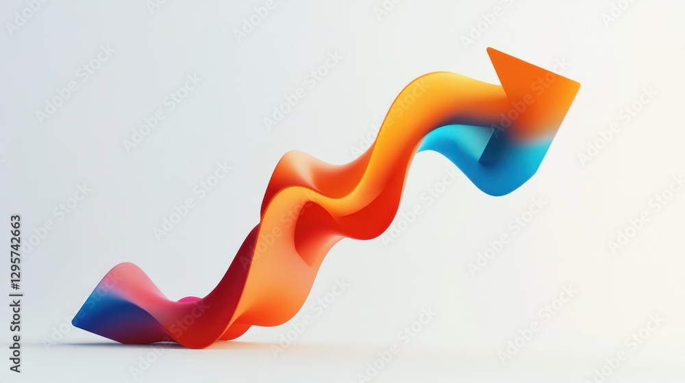 Poster a dynamic 3d arrow in gradient orange and blue colors representing upward growth on a white backgrou