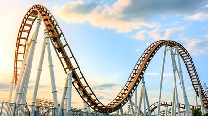 Fototapeta premium Exhilarating and Intricate Wooden Roller Coaster Ride Captured During Golden Hour Lighting with a Cinematic Angled Perspective Amidst a Scenic Landscape