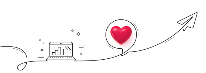 Obraz premium Graph laptop line icon. Continuous line with share plane. Column chart sign. Growth diagram symbol. 3d heart in speech bubble. Graph laptop single line ribbon. Loop curve pattern. Vector