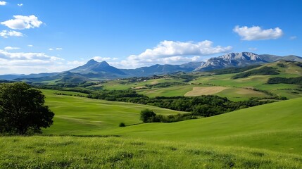 Fototapeta premium Breathtaking Scenic View of Rolling Hills and Majestic Mountains Under a Bright Blue Sky : Generative AI