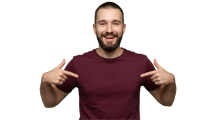 Maroon shirt mockup on transparent PNG, the man is pointing towards the center of shirt to reinforce the branding or message