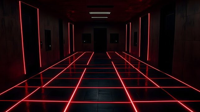 Futuristic corridor with red laser grid, dark walls, and minimalistic doorways, evoking suspense
