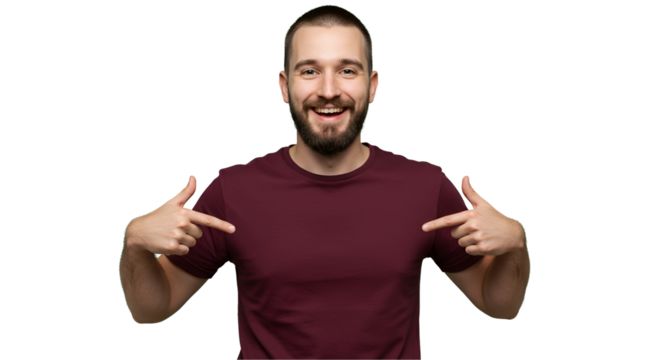 Maroon shirt mockup on transparent PNG, the man is pointing towards the center of shirt to reinforce the branding or message