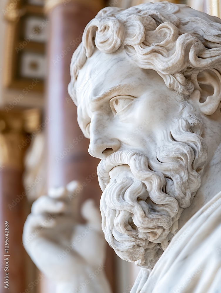 Poster closeup view of a majestic marble sculpture depicting a thoughtful ancient philosopher : generative 