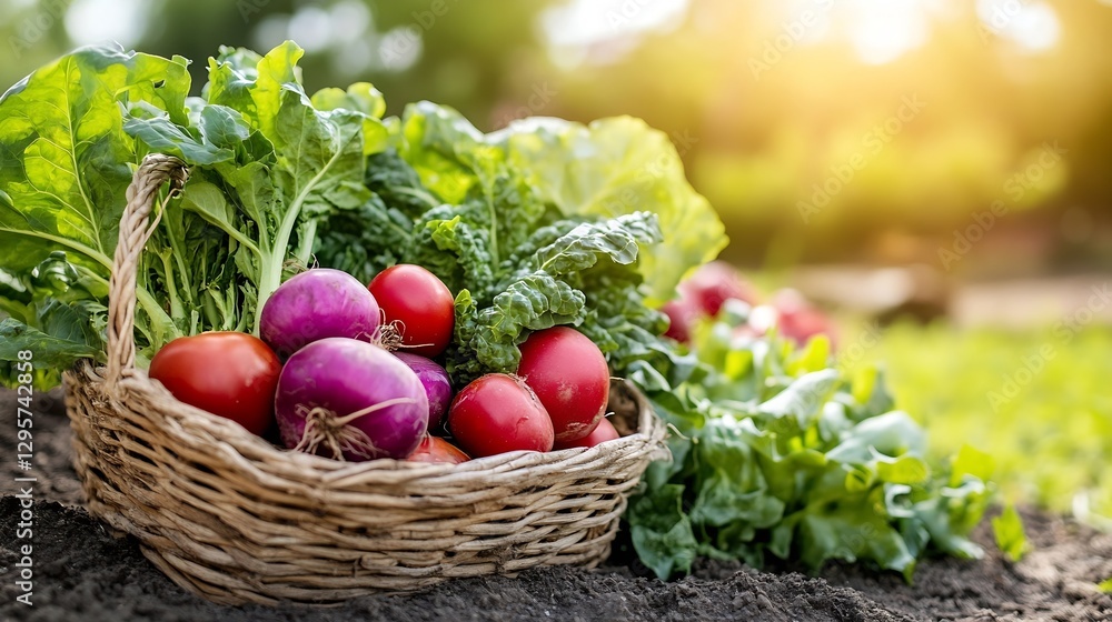 Aufkleber fresh vegetables in a rustic basket on soil with a golden sunset background in the garden : generati