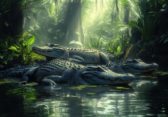 Three Alligators Resting in Tropical Wetland Surrounded by Lush Greenery and Sunlight Reflections with Calm Water and Dense Vegetation