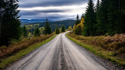 Naklejka premium Winding Dirt Road Through Vibrant Forest with Rolling Hills and Cloudy Sky : Generative AI