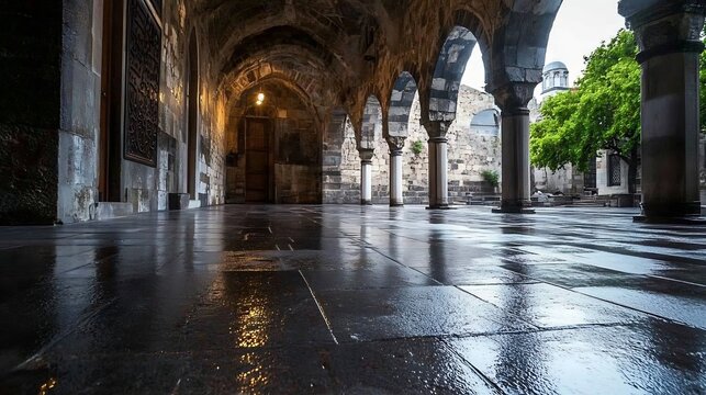 Historic Stone Archway with Reflection on Wet Floor in Serene Setting : Generative AI