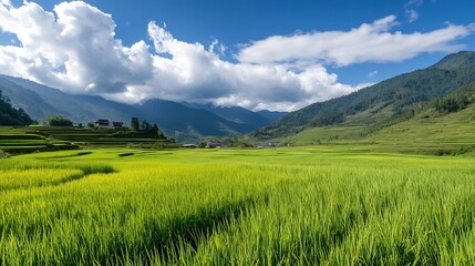 Obraz premium Vibrant green rice fields with mountainous backdrop under a bright blue sky and fluffy clouds : Generative AI