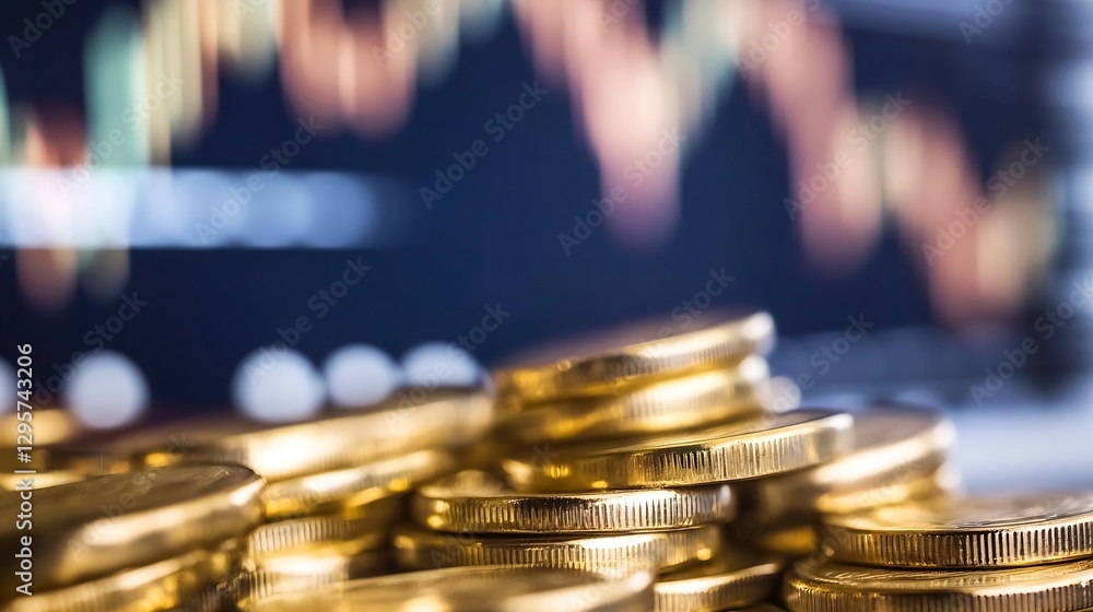 Poster closeup view of shiny gold coins stacked with a blurred stock market graph in the background : gener