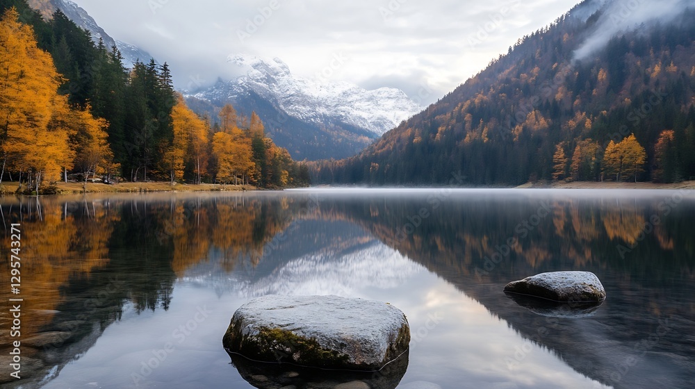 Poster Serene autumn landscape with colorful trees and calm lake reflection in the mountains : Generative AI