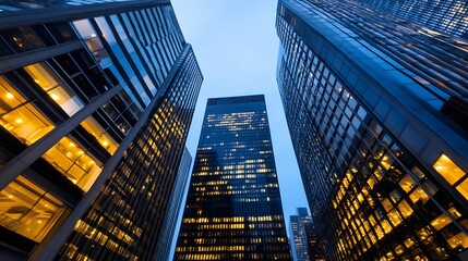 Naklejka premium Beautiful view of illuminated skyscrapers and modern buildings against twilight sky : Generative AI