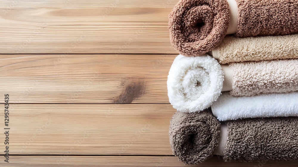 Poster neatly rolled soft bath towels in muted earthy tones on wooden surface : generative ai