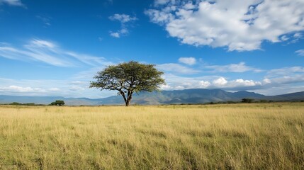 Fototapeta premium Single tree in a grassy field under a bright blue sky epitomizing natural beauty and solitude : Generative AI