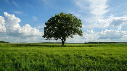 Lone Tree Standing Tall in a Verdant Green Field under a Blue Sky : Generative AI