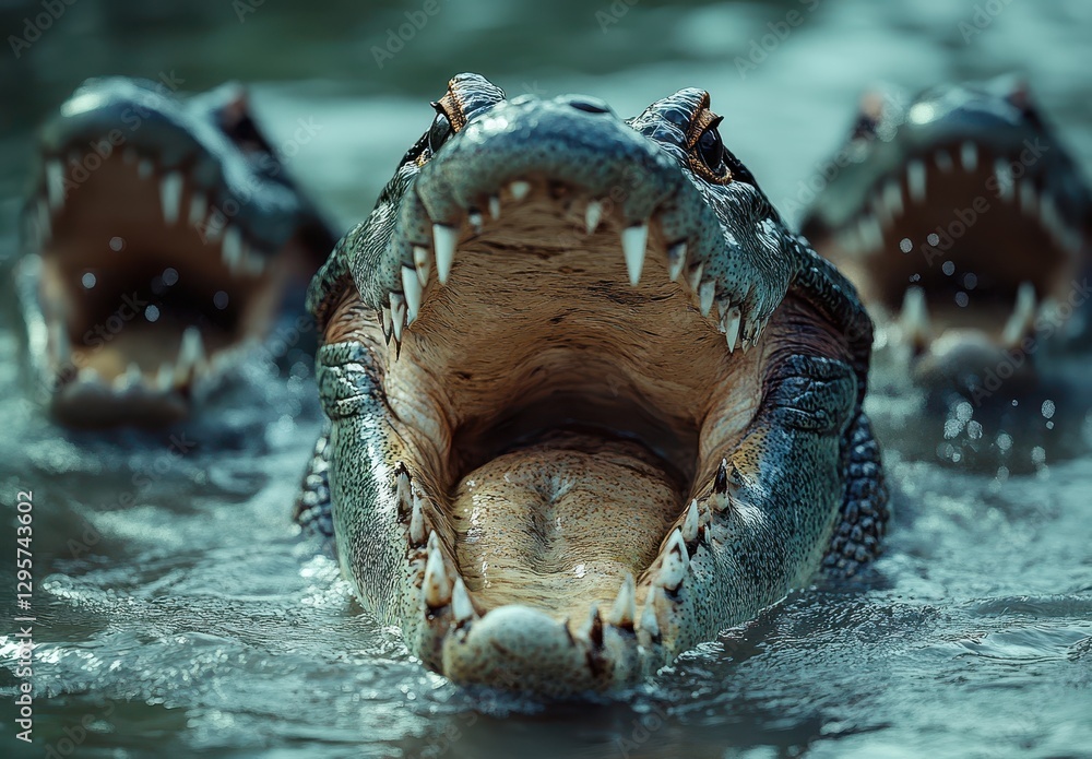 Poster three alligators with open mouths emerging from water, displaying sharp teeth and fierce expression 