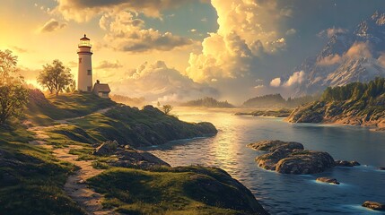 A winding river winding past a remote lighthouse perched on a rocky shore
