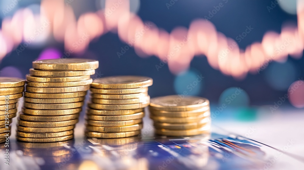 Aufkleber Stacks of Coins on a Financial Chart with Colorful Bokeh for Investment Concept : Generative AI