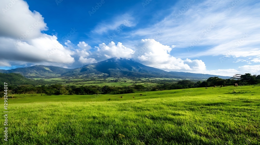 Poster breathtaking view of green fields and majestic volcano under blue sky with clouds : generative ai