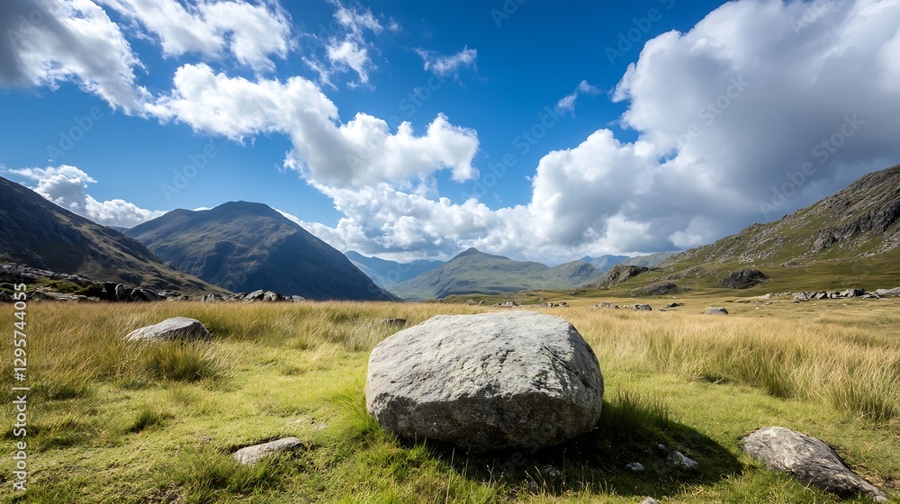 Poster vast mountain landscape with a majestic cloudy sky and stone in the foreground : generative ai