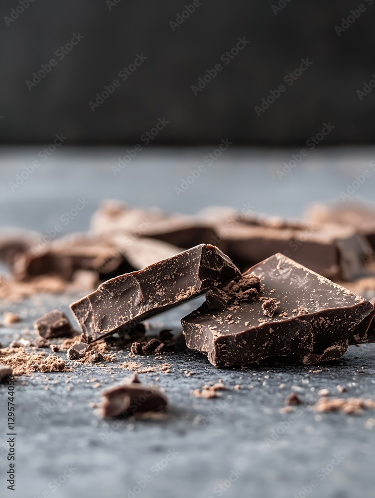 Aufkleber rich pieces of dark chocolate scattered on a rustic surface ready to indulge : generative ai