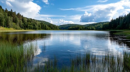 Fototapeta premium Tranquil Lake Reflections Under A Clear Sky Surrounded By Lush Green Forests : Generative AI