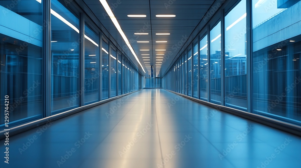 Poster Modern hallway with sleek glass panels and soft light creating an inviting atmosphere for commuters : Generative AI