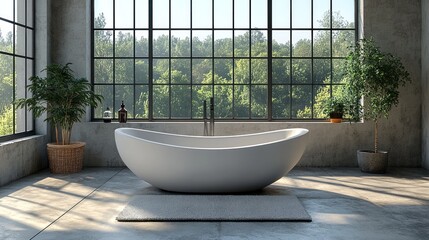 Fototapeta premium Modern bathtub, urban loft, forest view, relaxing scene