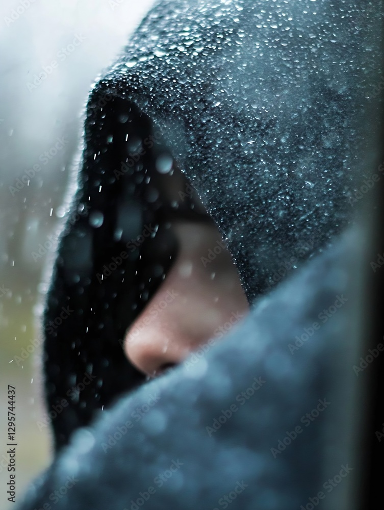 Poster closeup of a hooded figure with rain droplets creating a mysterious atmosphere : generative ai