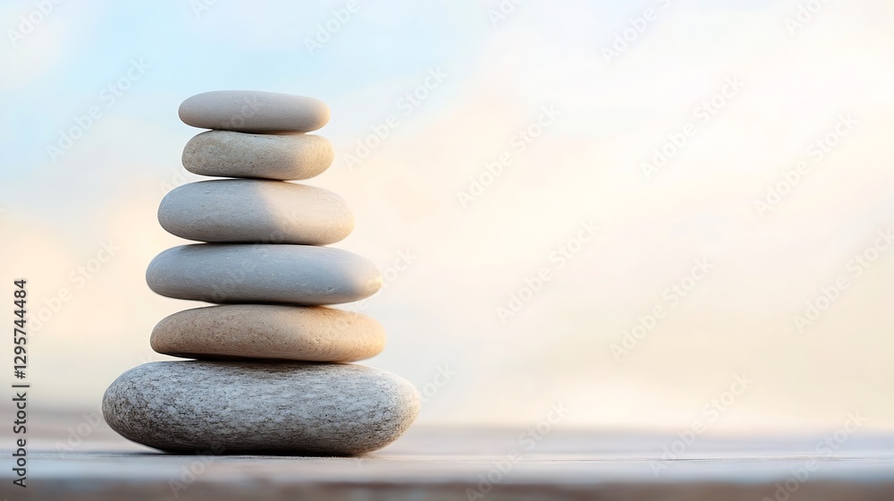 Poster Carefully stacked smooth stones creating a balanced zen arrangement against a soft calming backdrop : Generative AI