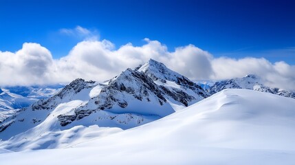 Fototapeta premium Majestic Snow-Capped Mountains Under a Bright Blue Sky with White Clouds : Generative AI