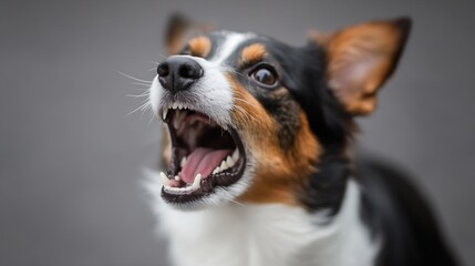 Close up of a barking Corgi with an open mouth and intense gaze showing aggression : Generative AI