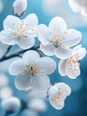 Fototapeta premium white spring flowers on blue background