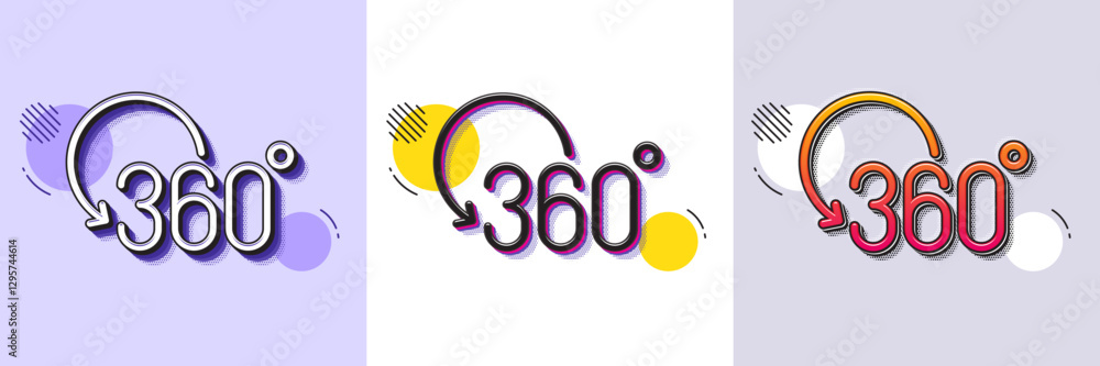 Poster 360 degree line icon. halftone dotted pattern. gradient icon with grain shadow. full rotation sign. 