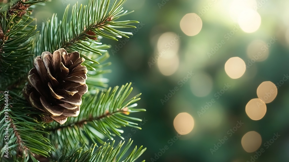 Poster Beautiful Christmas Pinecone on Evergreen Branch with Soft Blurred Bokeh Background : Generative AI