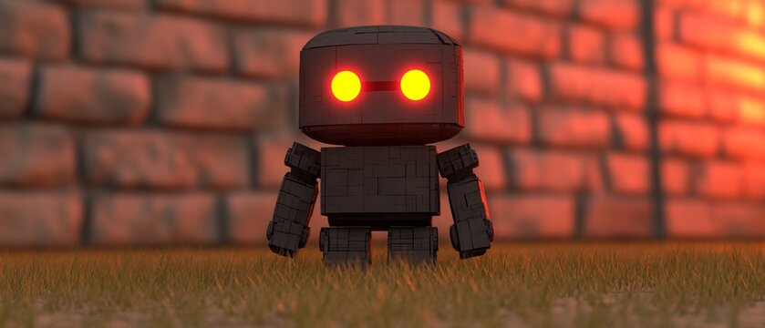 Cute Robot Stands Guarding Rusty Brick Wall