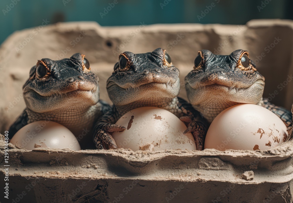 Poster three frogs sitting on eggs in a nest with natural background, close-up image of unique reptile beha