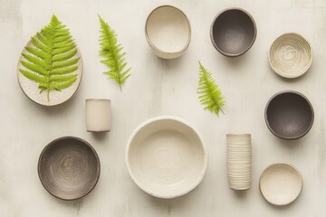 Ceramic bowls ferns flatlay showcasing minimalist design