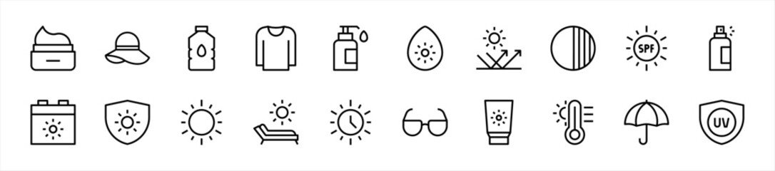 Set of Sun-Protection icons. 20 sets of Sun-Protection icons. Sun-Protection icons. Simple line style Sun-Protection icons	
