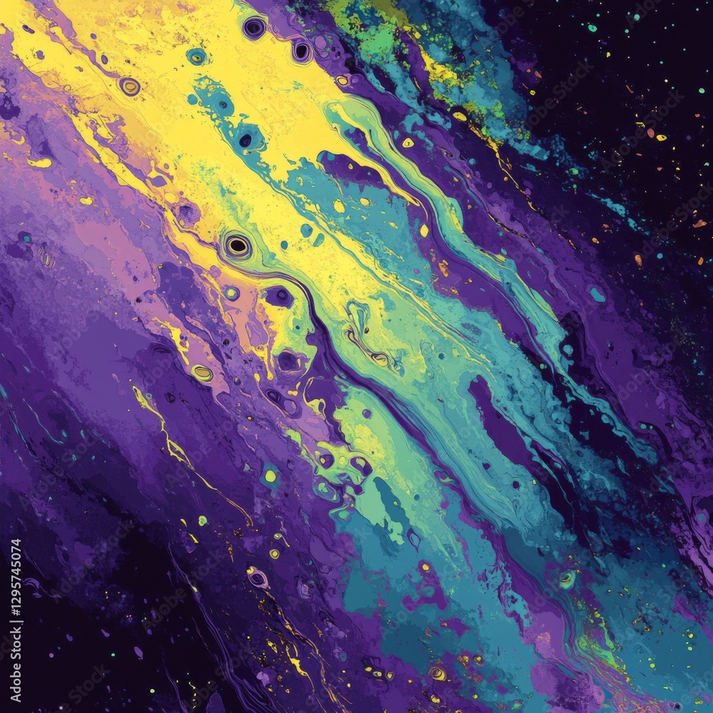 Poster Abstract Acrylic Pour Painting with Yellow, Teal, and Violet Swirls Creating a Fluid and Dynamic Artistic Composition