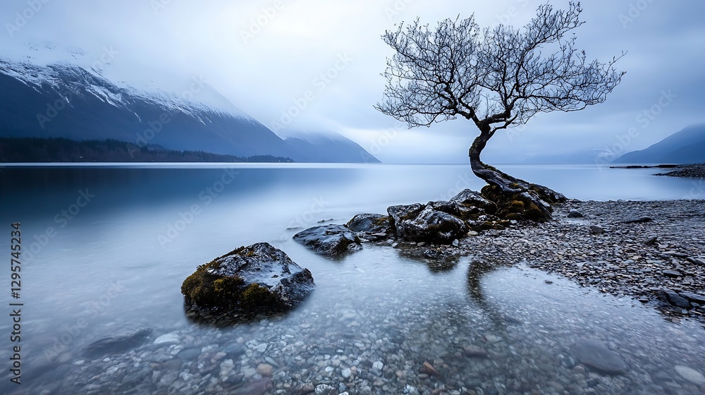 Aufkleber serene lakeside view with a lone tree and rocky shore under majestic mountains : generative ai